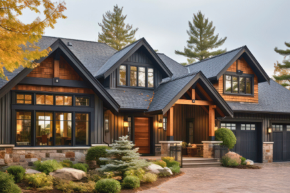 modern white house black trim wood accents