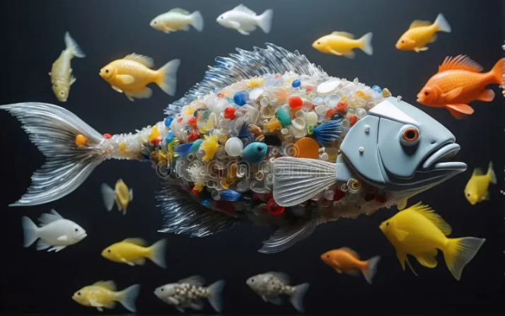 fish eating plastic art